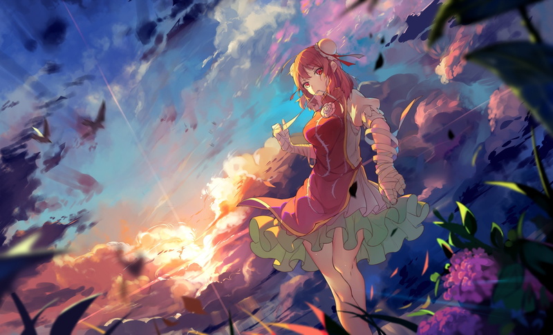 redhead, sky, Sun, short hair, Touhou, red eyes, clouds, Ibaraki Kasen, anime girls, anime, 1080P
