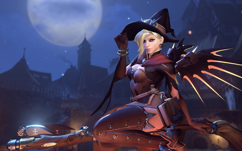 pretty girl, chimney, 4k, game, thigh, official, subarashii, Overwatch, sky, library, cape, gloves, sugoi, pantyhose, smoke, beautiful, kumo, Mercy, earrings