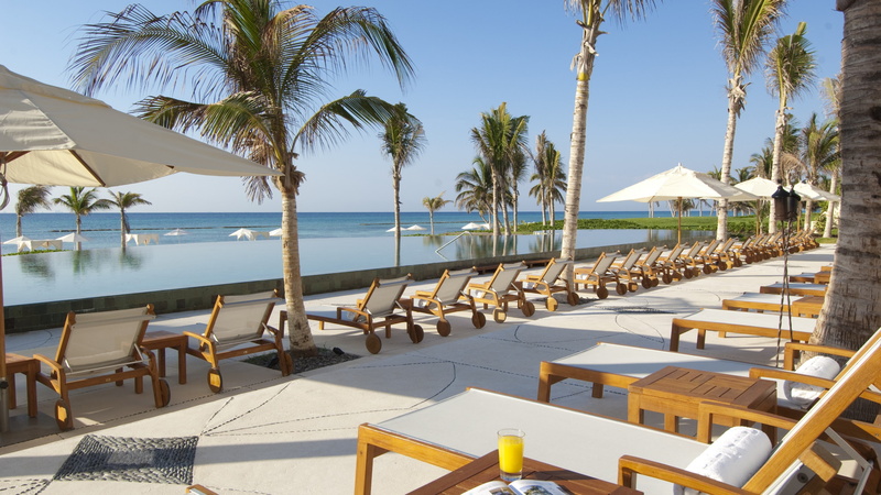 travel, Best Hotels of 2017, white, Grand Velas Riviera Maya, 4K, beach, sunbed, near, resort, wooden, padded, loungers, palms, tourism, Mexico, vacation