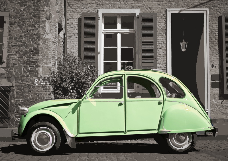 outdoors, night, citroen, vintage, vehicle, window, automobile, volkswagen, car, door, built structure, black, transportation, wall, retro styled, near