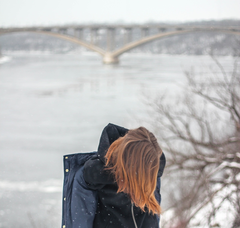 hairstyle, bridge, landscape, snow, person, bridge - man made structure, clothing, real people, icy, nature, standing, rear view, one person, 2K, adult