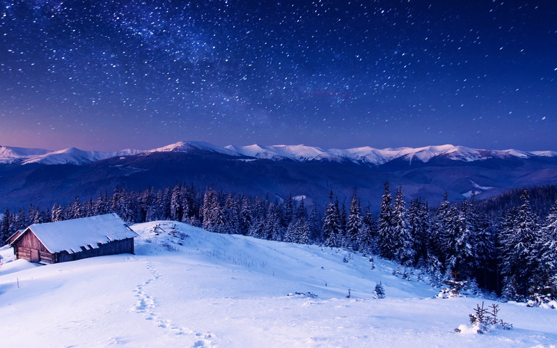 stars, space, coniferous tree, near, sky, astronomy, scenics - nature, pine tree, tranquility, mountain range, mountain, beauty in nature, nature, winter