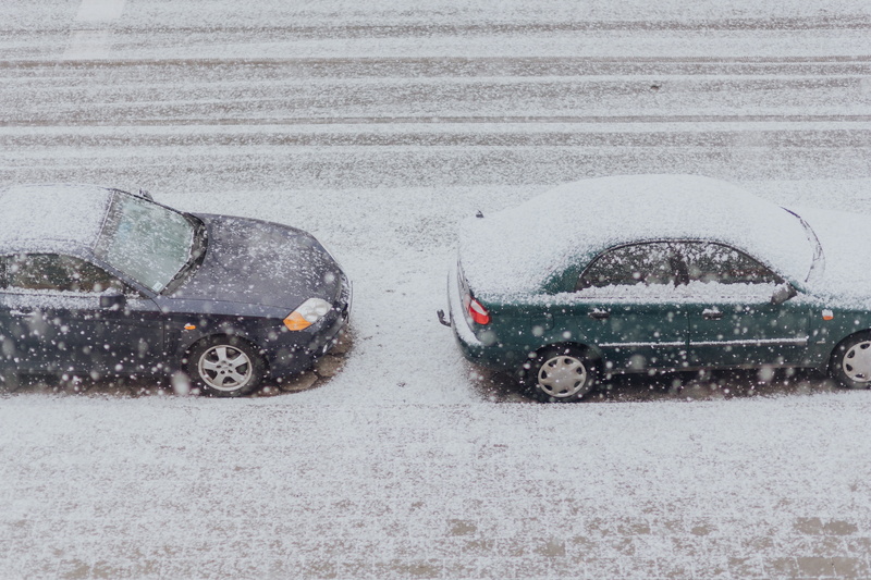 architecture, high angle view, road, blizzard, snowing, outdoors, car, cold temperature, street, transportation, cars, white color, day, town, no people