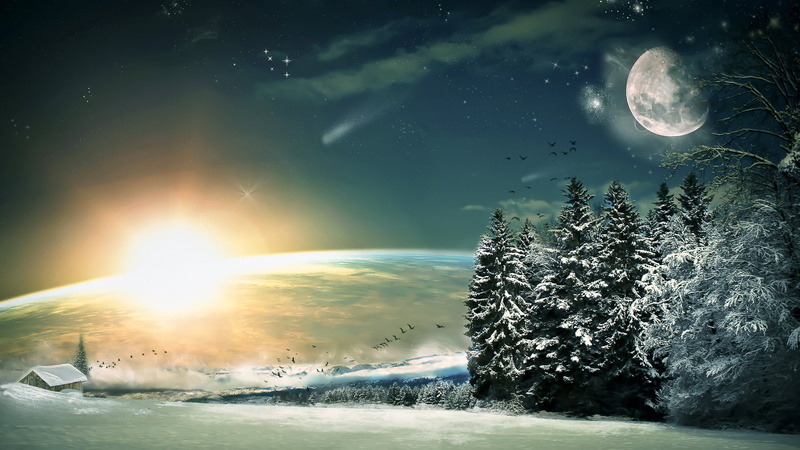 sun, dusk, scenics - nature, astronomy, wood, brightly lit, tranquility, blue, star - Space, moon, painting, black, nebula, science, night, earth, no people