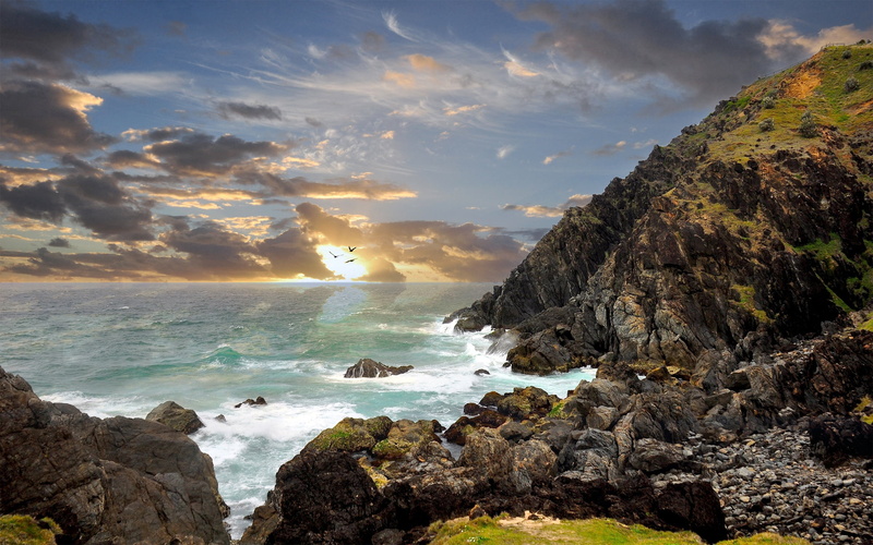 surf, cliff, california, land, solid, light, green, tranquility, rock formation, sun, sky, coast, sunlight, motion, cloudscape, atlantic Ocean, idyllic
