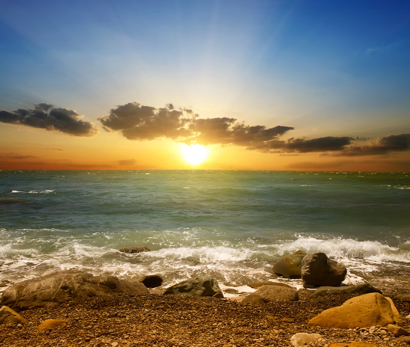 water, tranquility, dawn, wave, weather, sand, cloudscape, the sky, sunset, sky, land, rock, no People, shore, yellow, Beautiful sunset scene, tropical Climate
