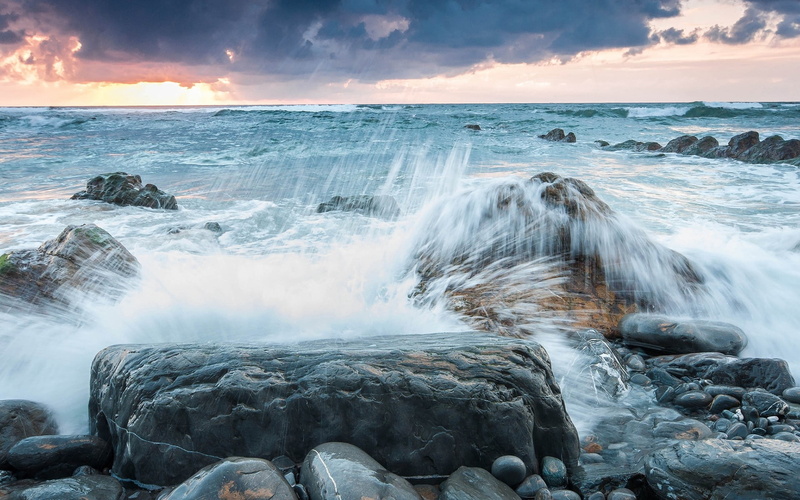 dawn, land, rock - Object, seascape, idyllic, sun, stone - Object, blue, scenics - nature, power in nature, morning, surf, stones, rock, day, storm, beach