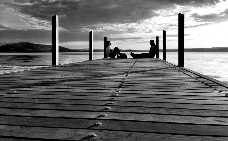 2K, edge, dock, jetty, sea, pier, man, sitting, lake, people, wood - Material, photo, grayscale, woman, nature, sky, outdoors