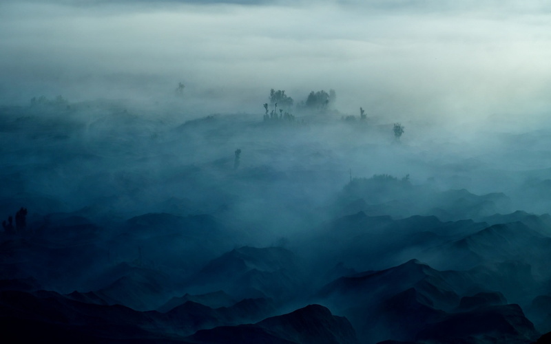 mist, painting, non-urban scene, mountains, morning, silhouette, outdoors, tree, idyllic, tranquility, blue, cloud - sky, tranquil scene, environment, fog