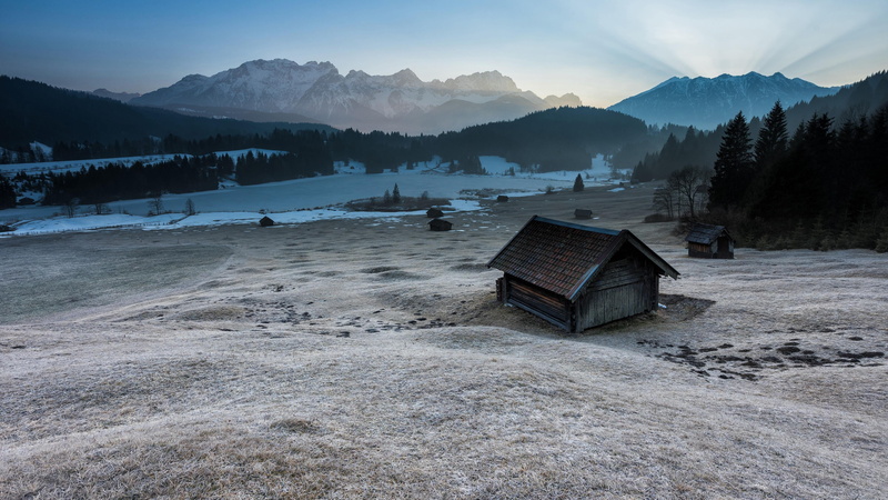 scenics - nature, karwendel mountain range, landscape, morning, valley, architecture, village, gerold lake, bavaria, nature, land, mountain village, field