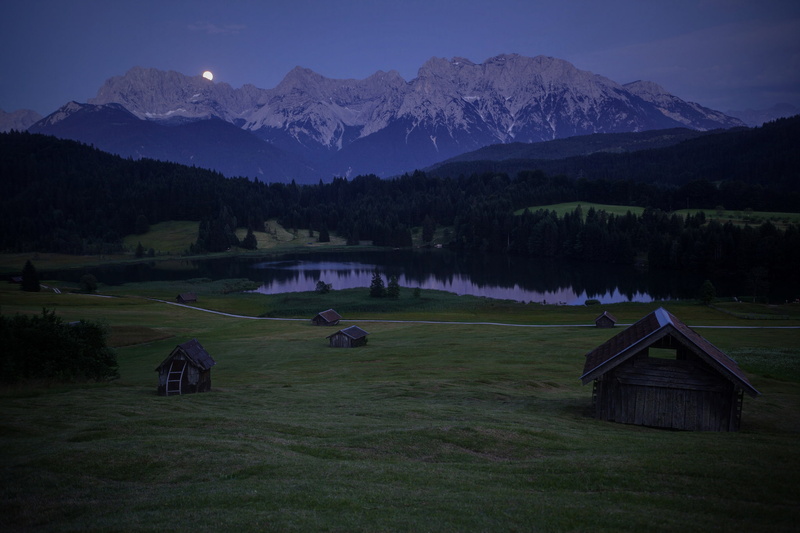 the moon, Alps, hills, Germany, trees, the sky, Bayern, houses, night, 1080P, Karwendel, glade, forest, mountains, blue
