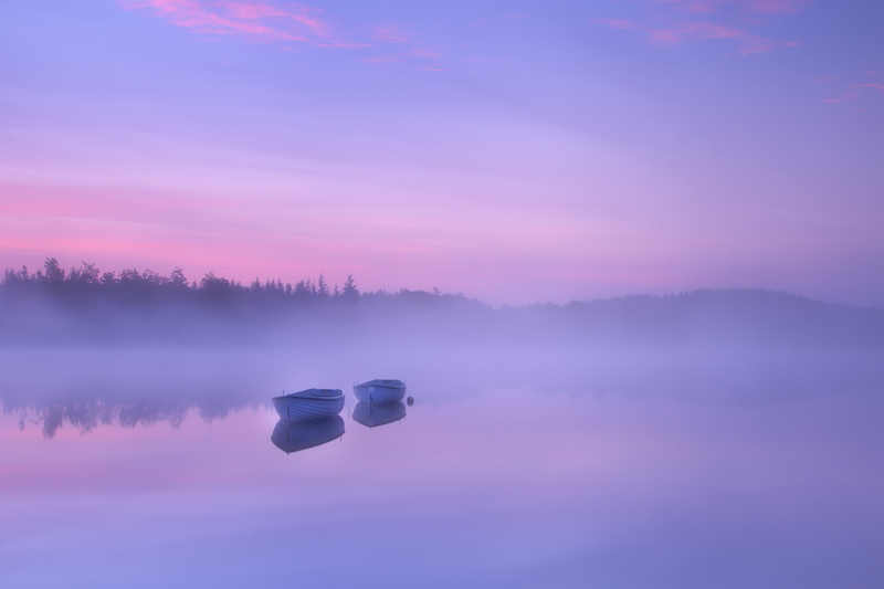 boats, Life is but a Dream, lake, landscape, body, beauty In Nature, nature, sunset, Scotland, white, Trossachs, two, reflection, outboard, 5K, Loch Rusky