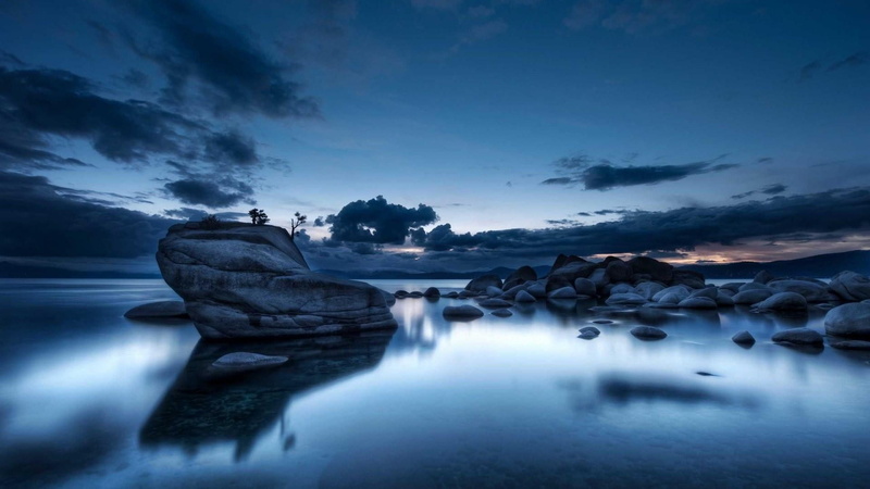 sierra nevada, tranquility, shore, morning, lake tahoe, scenics - nature, landscape photography, reflection, bonsai rock, horizon, solid, long exposure