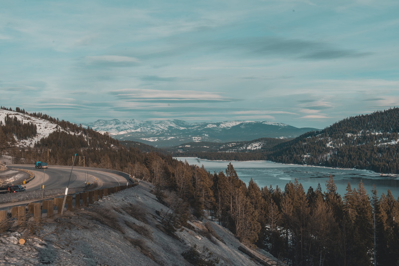 5K, tree, outdoors, mountain, blue, mountains, beauty in nature, steep, tranquil scene, snow, landscape, sky, trees, nevada, donner lake, cloud - sky