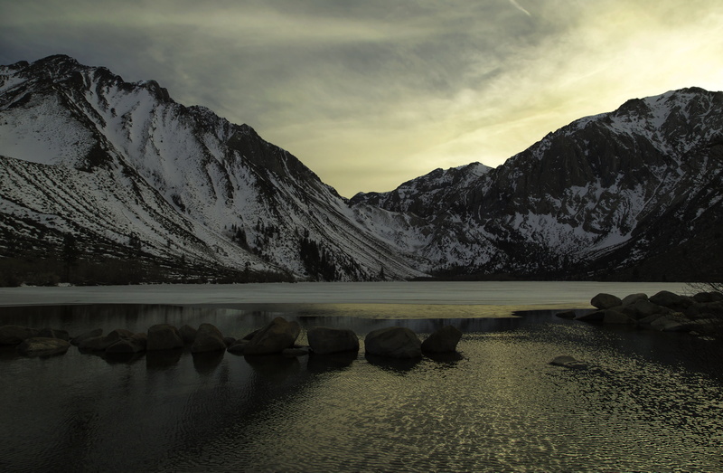 snow  lake, 5K, water, winter, outdoors, Sunset, Sierra Nevadas, nature, landscape, scenery, body of water, scenics, river, mountain, wilderness, Lake  mountains