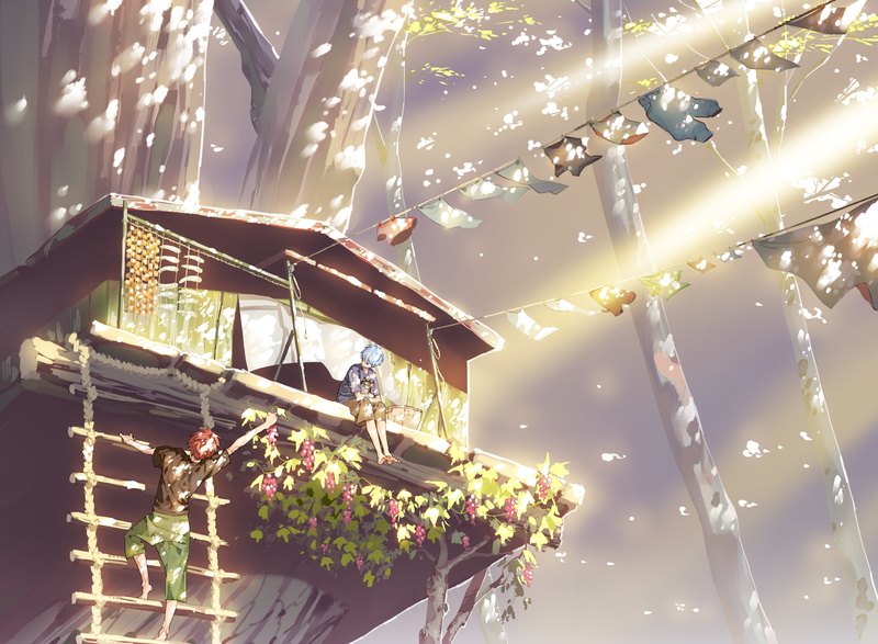 ceiling, hanging, kuroko no basket, sunlight, trees, illuminated, Anime, low angle view, tree, beauty in nature, day, no people, flowering plant, outdoors