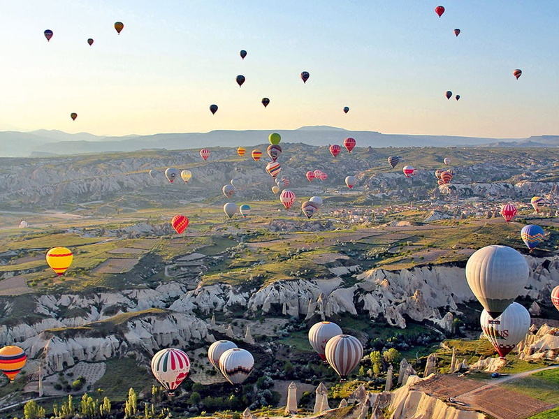 air vehicle, land, outdoors, scenics - nature, field, flying, nature, solid, mid-air, balloon, landscape, hot air balloon, 480P, architecture, sky, rock - object