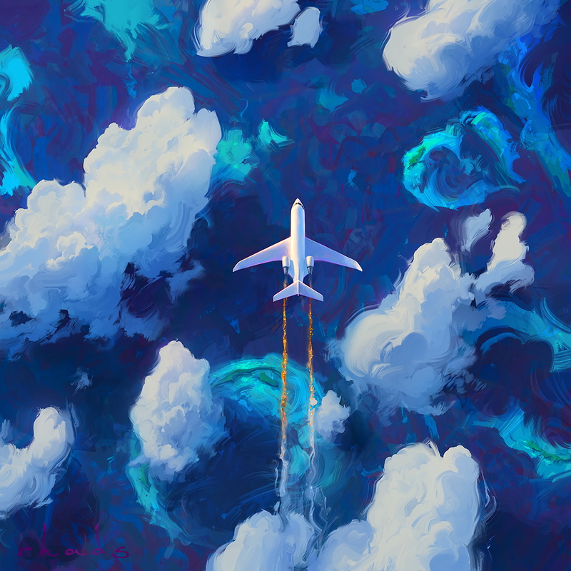 art, flight, plane, sky, 2K, clouds