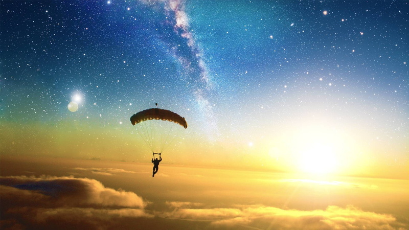 stars, Sun, sky, digital art, sunlight, 1080P, Liquicity, parachutes, skydiving, clouds