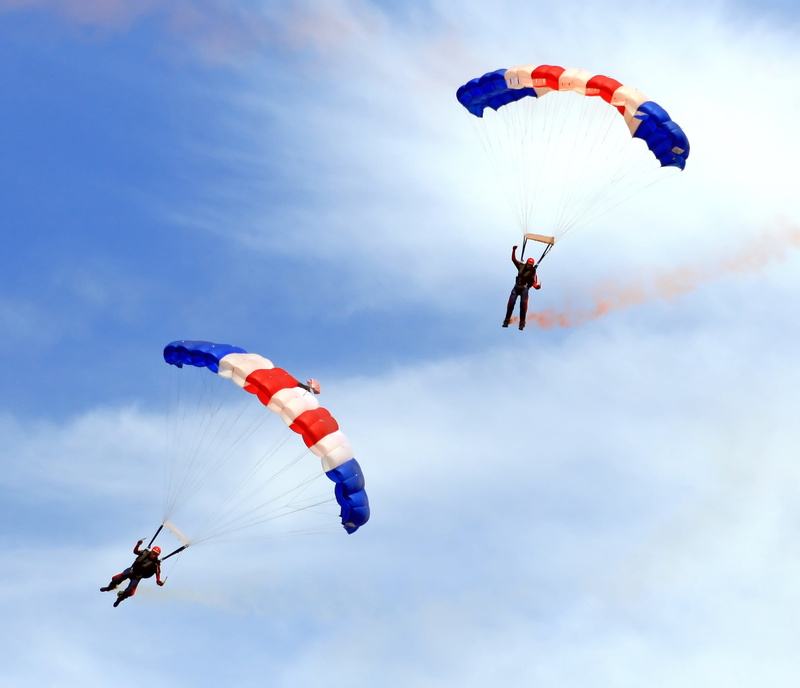 flight, parachute, joy, s, chute, descend, sail, jump, airplane, paraglide, one person, exhilaration, person, event, sky, 1080P, low angle view, white