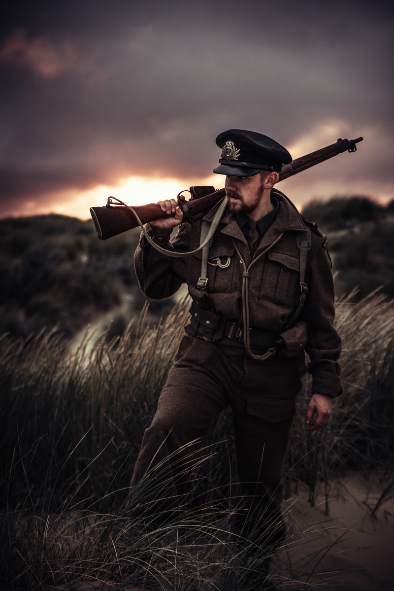 standing, sunset, government, hunter, military, navy, grass, clothing, one person, soldier, holding, gunfighter, nature, landscape, field, uniform, gun