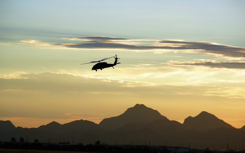 military helicopter, mountains, travel, sunset, flying, air vehicle, no people, motion, scenics - nature, airborne, nature, 2K, helicopter, outdoors, transportation