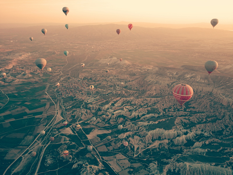 hot, no people, mountain, air vehicle, agriculture, scenics - nature, aerial, adventure, turkey, travel destinations, aerial photography, ballooning festival