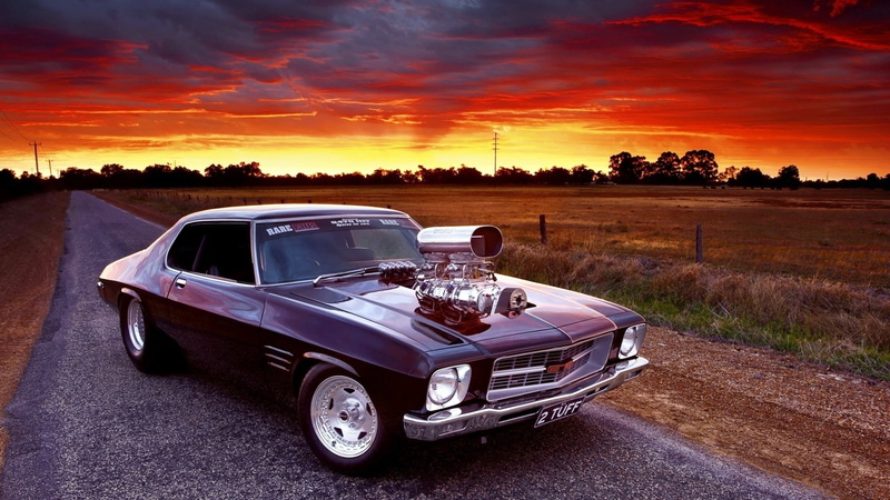 cloud - sky, 1080P, car, tuff, mode of transportation, tree, sunset, sky, retro styled, road, vintage car, transportation, classic car, muscle car, orange color