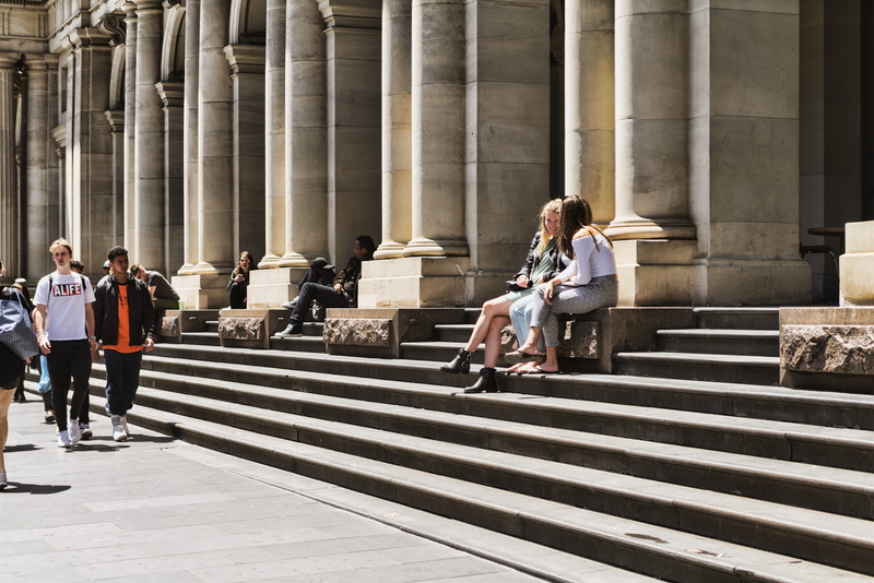 day, staircase, summer in the city, full length, melbournes gpo, 5K, architectural column, australia, sitting, group of people, architecture, casual clothing