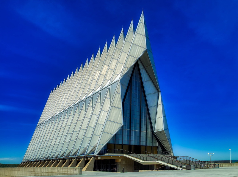 building, religion, chapel, outdoors, modern, colorado springs, office, blue, travel destinations, skyscraper, city, nature, low angle view, united states air force academy