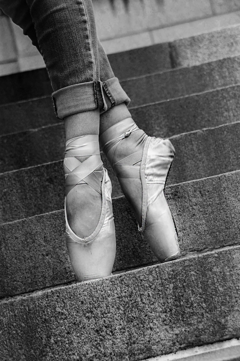 paving stone, real people, black and white, staircase, body part, Ballet; Pointe shoes; jeans; ballerina; shoes; urban; tip-toes; City Hall; Colorado; Colorado Springs; downtown