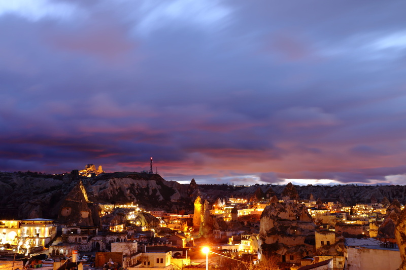 dusk, town, nature, architecture, city, cloud - sky, high angle view, built structure, sky, cityscape, göreme belediyesi, turkey, 5K, illuminated, no people