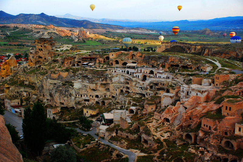 nature, hot air balloon, sky, hot, outdoors, environment, turkey, cappadocia, mountain, no people, architecture, scenics - nature, history, the past, rock - object