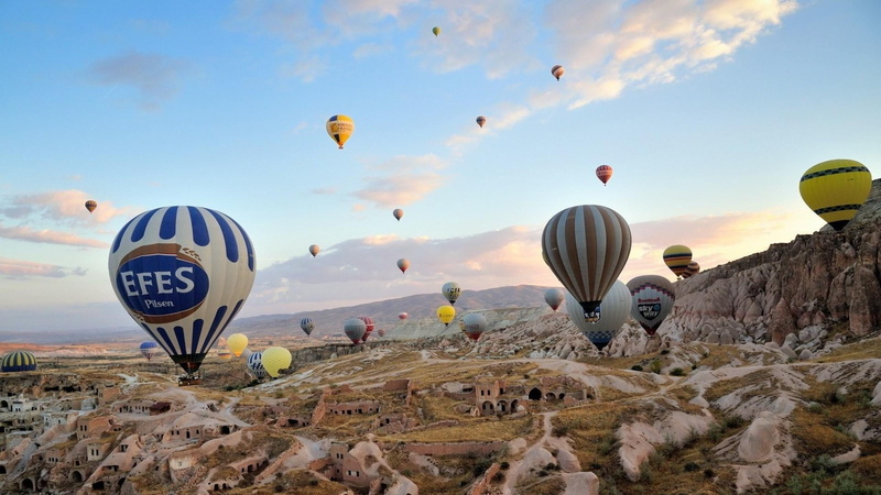 houses, landscape, ballooning festival, 1080P, baloon, mode of transportation, mid-air, balloon, rock formation, rock, solid, day, transportation, europe