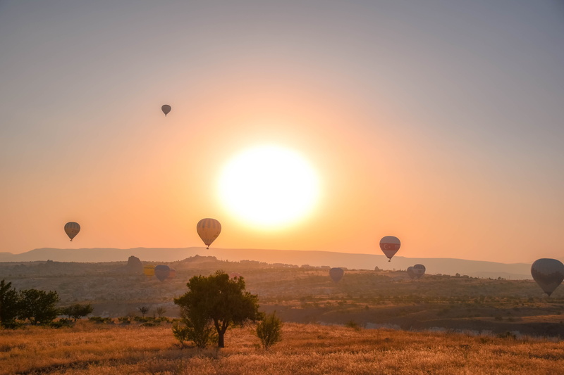 orange color, air vehicle, turkey, tree, baloon, mountains, environment, balloon, field, travel, sunrise, 5K, sky, mid-air, nature, scenics - nature, transportation