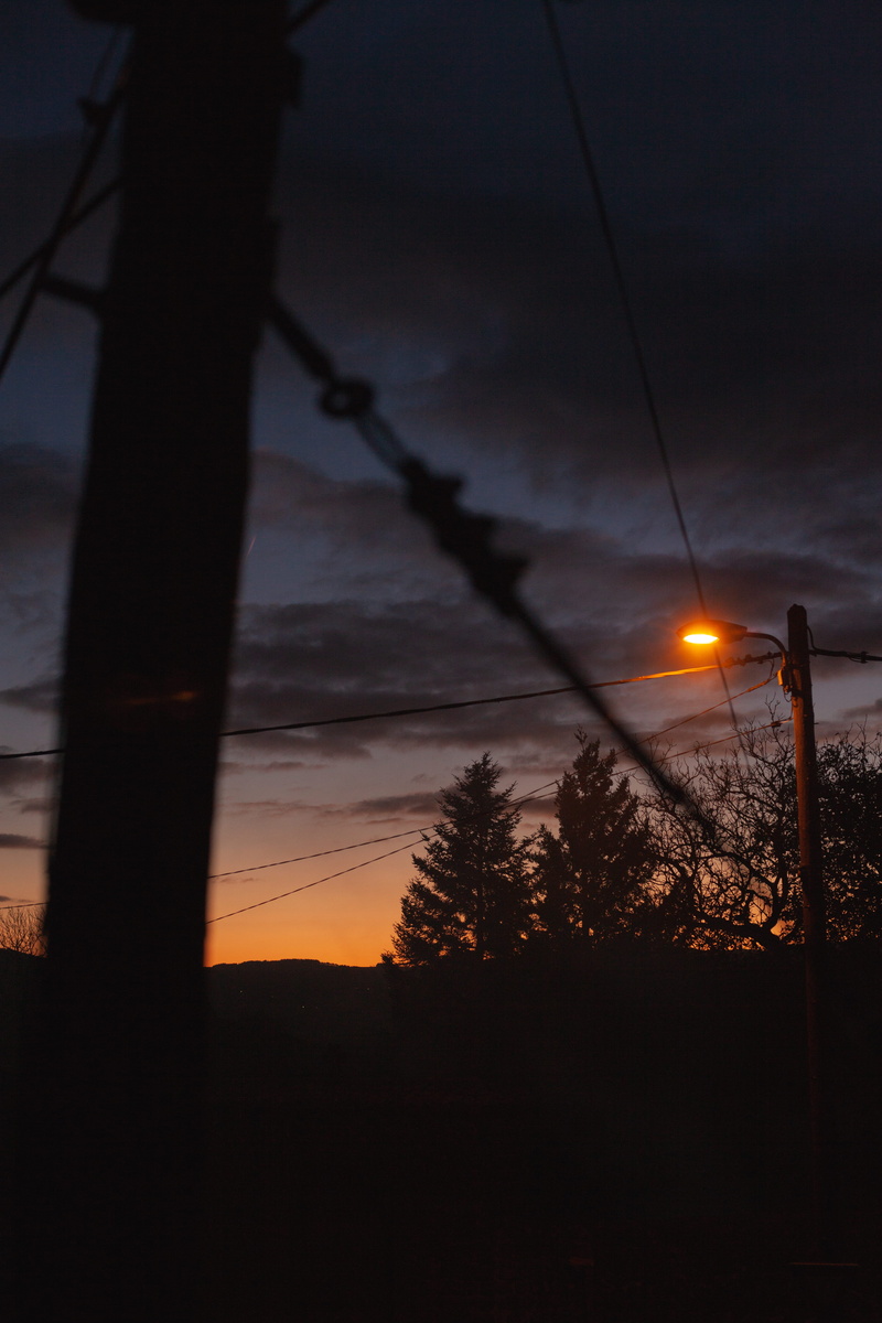dark, plant, abies, sunset, power lines, couleurs, fir, orange color, blue, scenics - nature, sky, sombre, bleu, power supply, cable, orange, low angle view