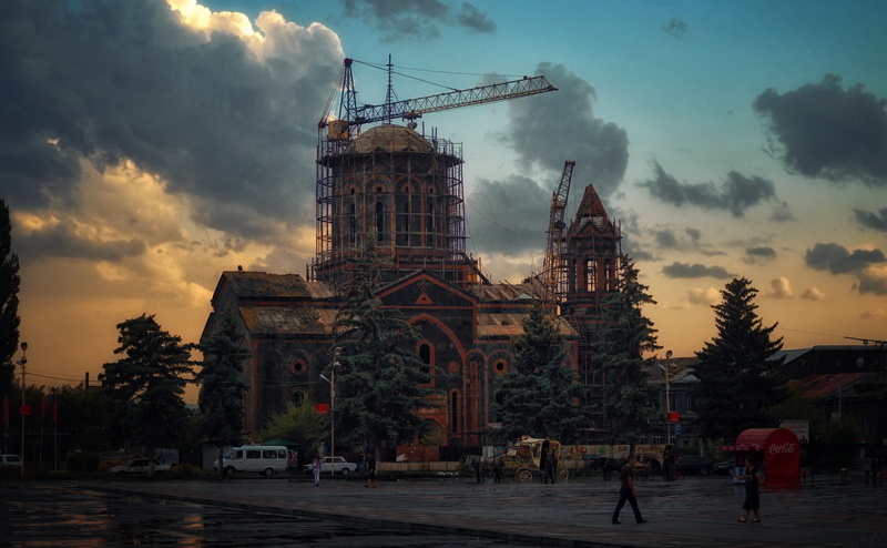 construction industry, incidental people, sky, crane, sunset, machinery, architecture, 4K, building, Vintage, religion, Church, crane - construction machinery