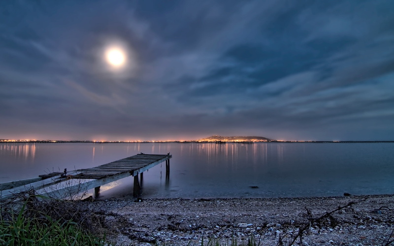 moon, idyllic, scenics - nature, water, 2K, wooden post, sunset, wooden, lake, no people, sky, tranquility, outdoors, beauty in nature, dock, beach, tranquil scene