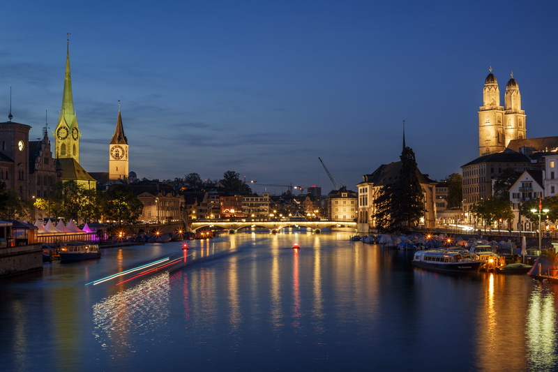 lights, Zurich, 4K, bridge, boats, watch, piers, home, river, Switzerland, tower, night