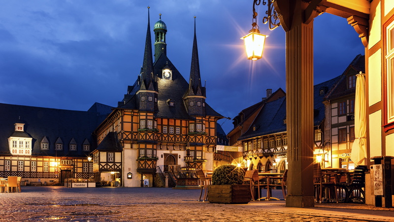 Wernigerode, building, the city, Germany, 4K, tower, style, architecture, night, watch, tables, lantern, lights, cafe, house