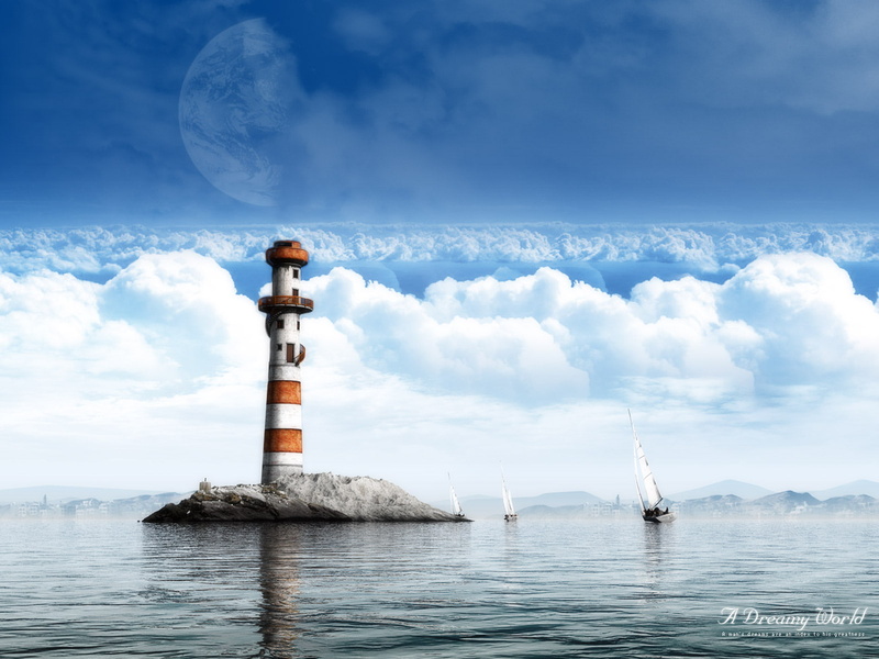 orange, 720P, painting, dreamy, tower, world, watch, white, lighthouse