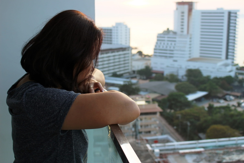 contemplation, buildings, lady, built structure, skyscraper, asia, lifestyle, high-rise, focus on foreground, standing, looking at view, tower, building exterior