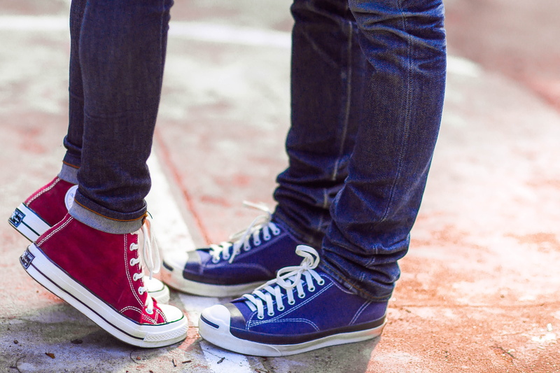 two, close-up, leather, high, person, top, Sneaker, outdoors, adult, day, limb, wearing, low section, Lover, body part, 4K, focus on foreground, blue