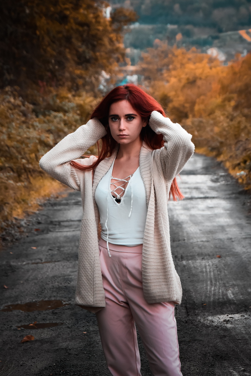 change, spain, young women, edit, warm clothing, san mamés, cute, style, 5K, front view, hairstyle, clothing, lightroom, day, redhair, tree, women, one person