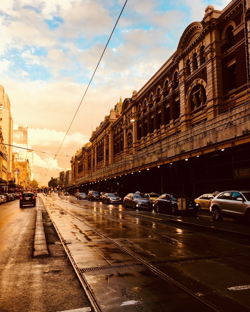 orange, city, nature, land vehicle, street, flinders, cable car, sky, travel, building exterior, track, built structure, australia, yellow, motor vehicle