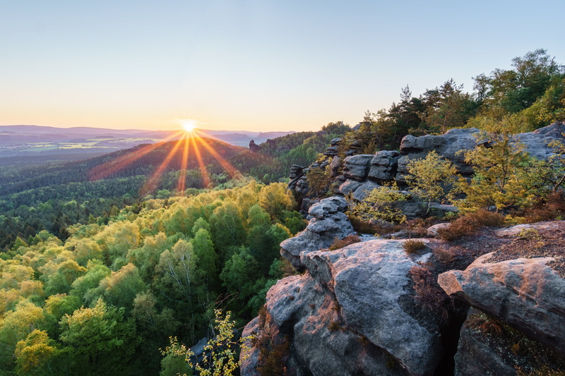 Gohrisch, green leaves, Saxony, sky, surrounded, rock mountain, leaves, scenics, Landscape, Sunrise, outdoors, rock - Object, tree, Elbsandsteingebirge