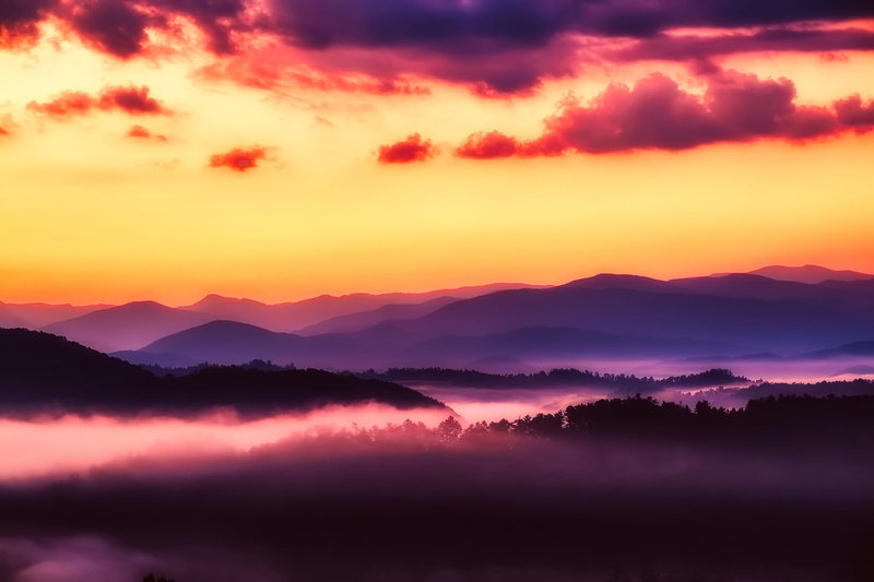 no people, tranquil scene, landscape, forest, sunrise, woods, mountain range, outdoors, mountain peak, mountain, silhouette, idyllic, moody sky, cloud - sky