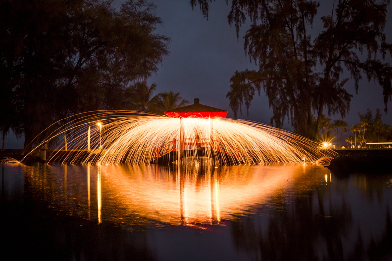 orange, fire, glow, fountain, illuminated, led, sparks, water, long exposure, light paint, japanese, house, plant, 5K, wire wool, outdoors, bright, blurred motion