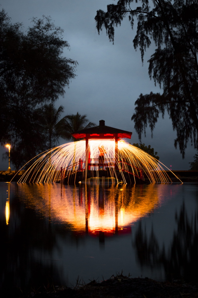 beach, steel, house, plant, architecture, time, nature, person, show, blurred motion, hawaii, built structure, hut, light paint, wool, steel wool, sky
