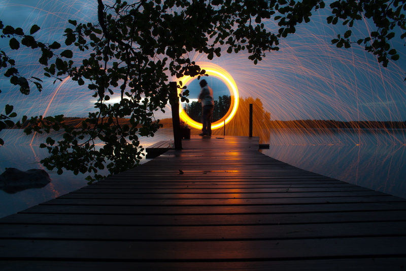 2K, beauty in nature, circle, tree, outdoors, shape, motion, geometric shape, sunset, nature, plant, pier, sky, light painting, glowing, long exposure
